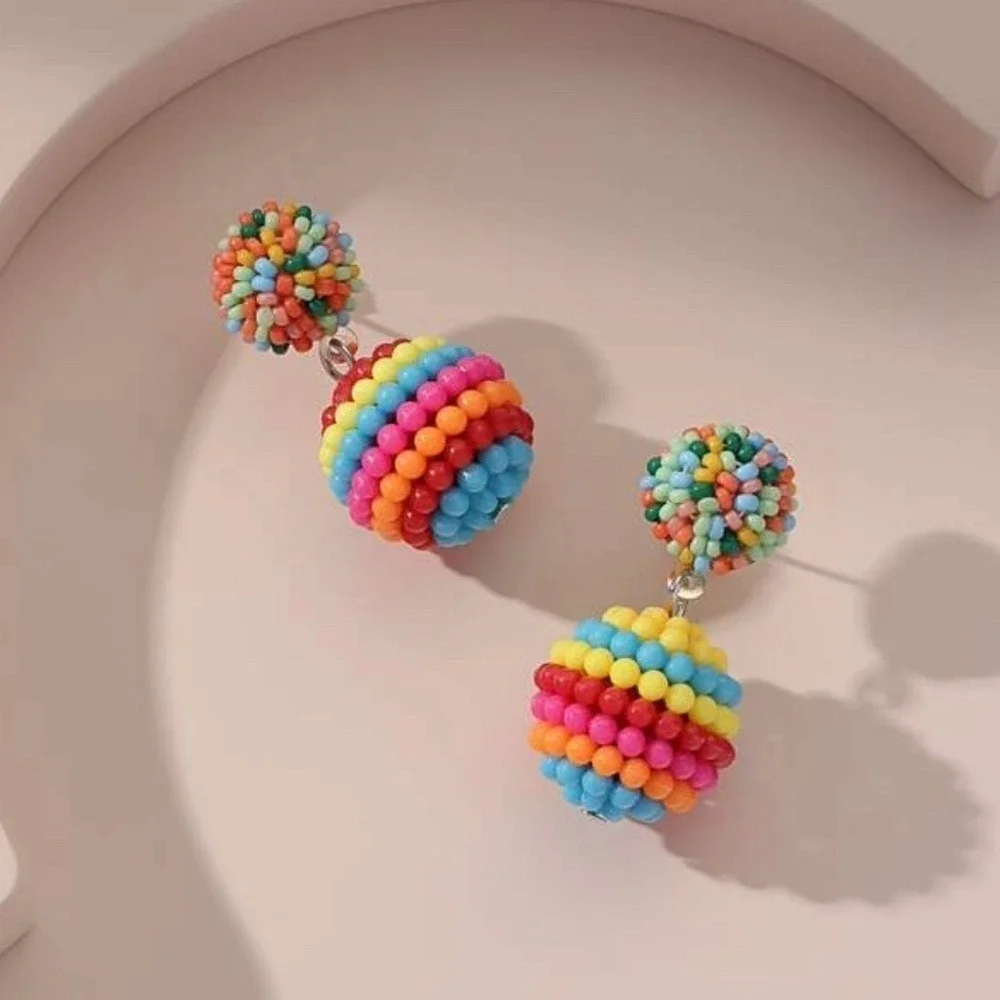 NEW Colorful Beaded Ball Drop Earrings Multicolor Rainbow Festival Boho Confetti